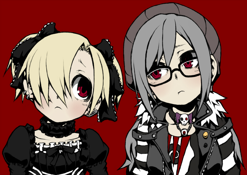 2girls, ayame_(artist), blonde_hair, costume_switch, earrings, frown, glasses, gothic_lolita