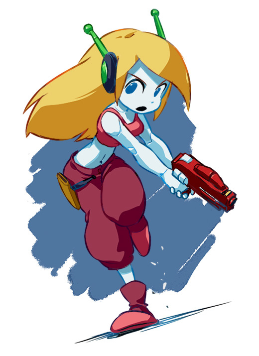 1girl, ankle_boots, blonde_hair, blue_eyes, boots, capri_pants, curly_brace, doukutsu_monogatari