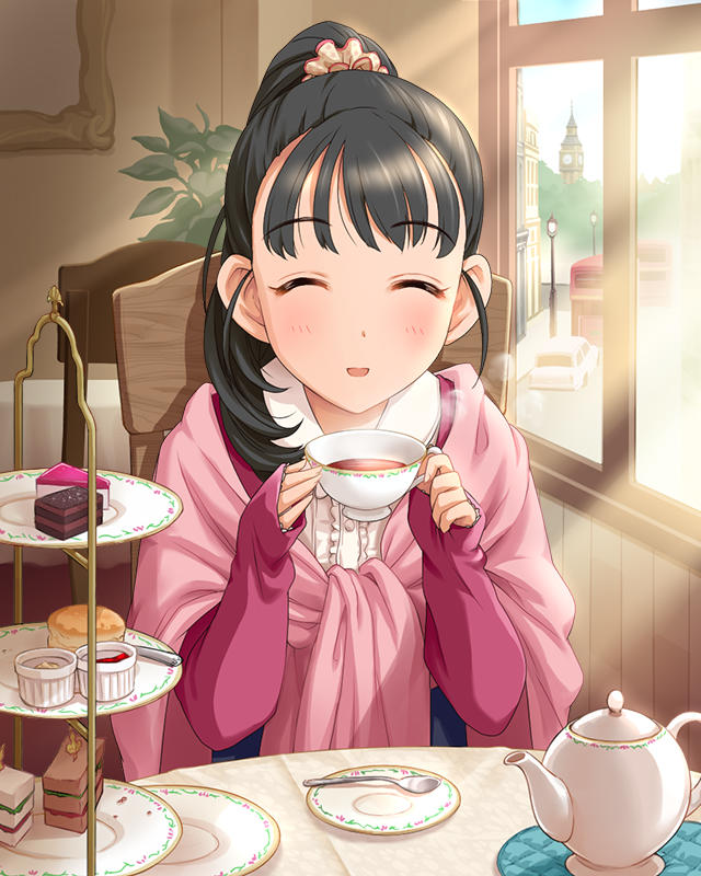 1girl, black_hair, bus, cafe, cake, car, chair, closed_eyes