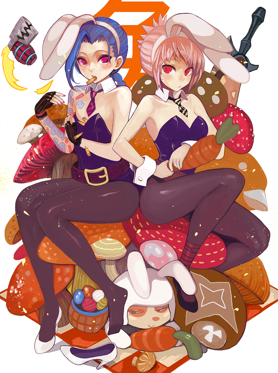 2girls, animal_ears, basket, blue_hair, braid, bullet, bullet_in_mouth, bunny_girl
