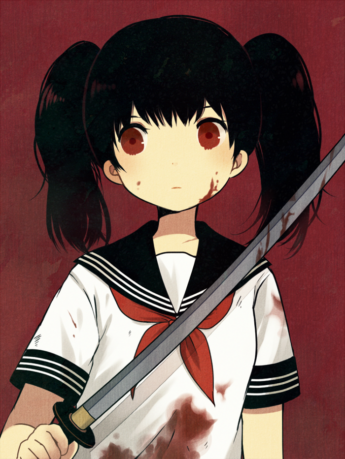 1girl, ayu_(mog), black_hair, blood, blood_on_face, katana, red_eyes, school_uniform