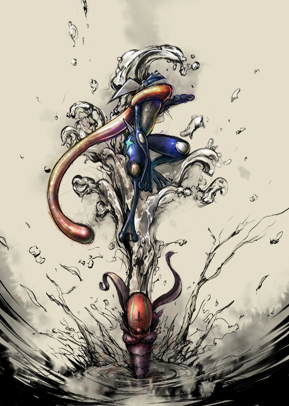 accelgor, fwfwpkpk, greninja, highres, no_humans, pokemon, pokemon_(creature), pokemon_(game), pokemon_xy, splash, water