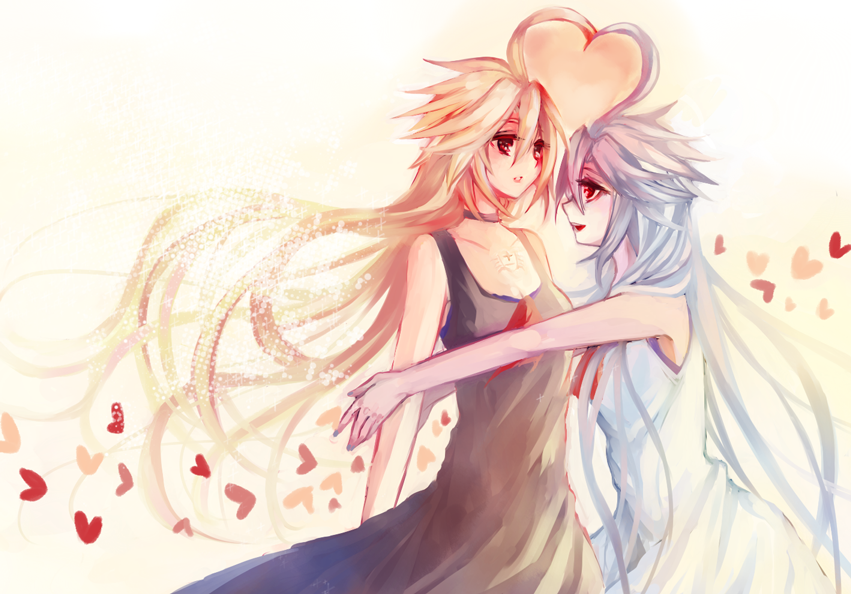 2girls, ahoge, blazblue, blonde_hair, iroha_mgn, lambda-11, long_hair, multiple_girls