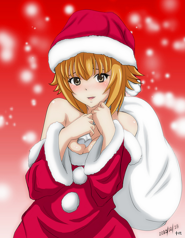 1girl, artist_name, bag, blonde_hair, blush, breasts, cleavage, hat, hitomi_(minami-ke), juudai, looking_at_viewer, minami-ke, off_shoulder, open_mouth, santa_costume, santa_hat, snowing, solo, yellow_eyes