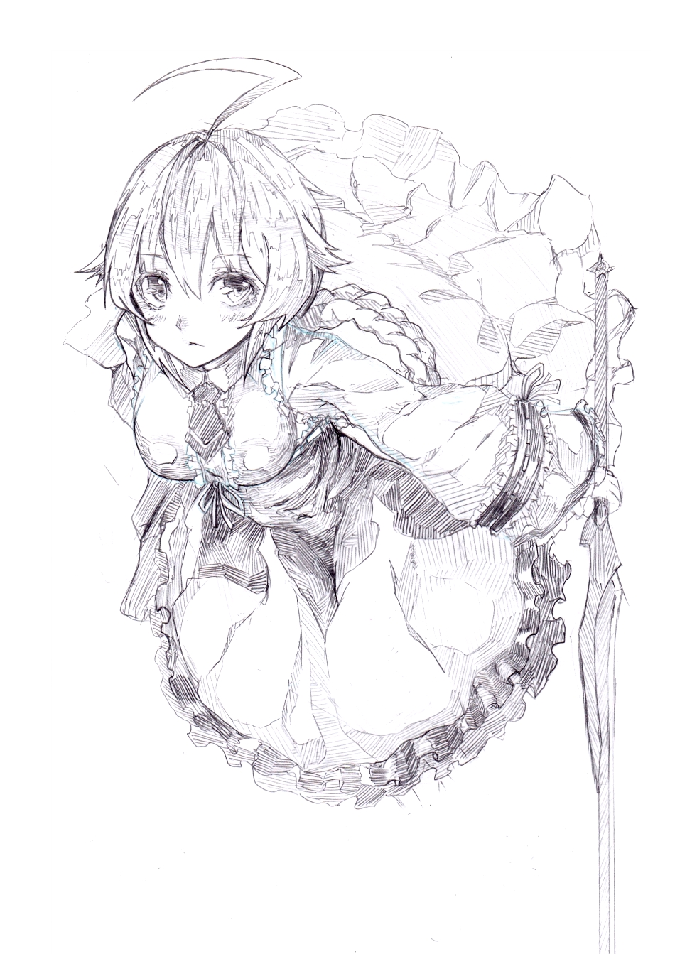 1girl, ahoge, es_(xblaze_code:_embryo), highres, muishiki_(umauma016), sketch, sword, weapon