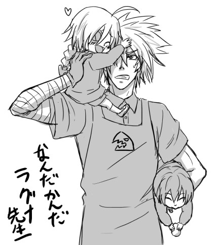 1girl, 2boys, ahoge, blazblue, child, dead_spike, egg, eyepatch
