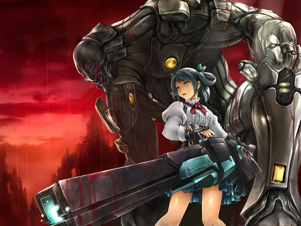 1girl, blue_eyes, blue_hair, god_eater, god_eater_2, gun, kawamatsu_yoshinori, robot