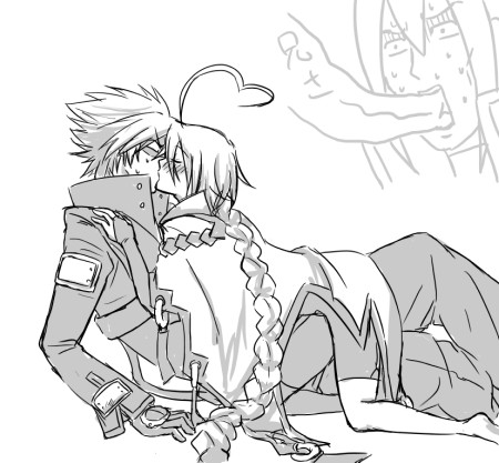1girl, 2boys, ahoge, blazblue, blush, bodysuit, cape, heart_ahoge, jin_kisaragi, kiss, lowres, menihanio, multiple_boys, nu-13, ragna_the_bloodedge