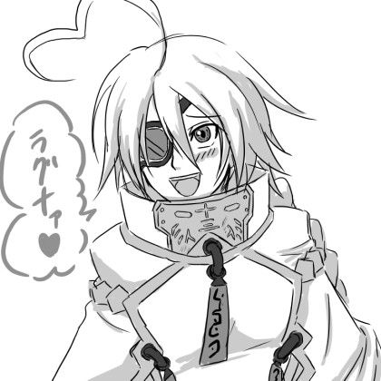 1girl, ahoge, blazblue, cape, eyepatch, lowres, menihanio, monochrome
