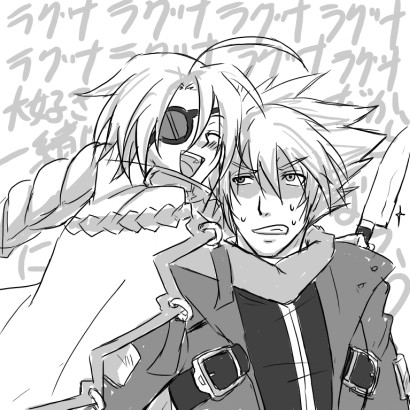 1boy, 1girl, ahoge, blazblue, cape, eyepatch, kitchen_knife, knife