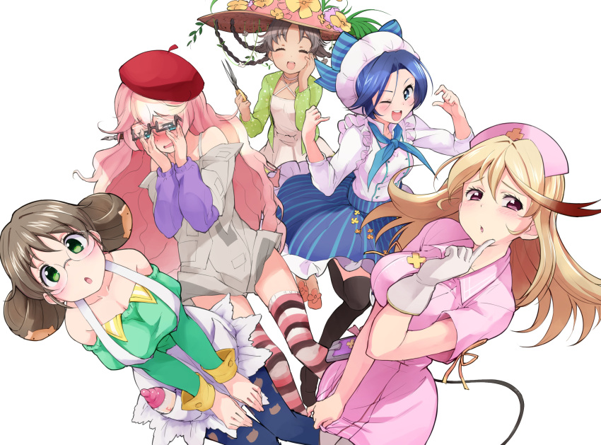 5girls, :d, :o, ;d, ^_^, apron, baby_bottle, beret, black_legwear, blonde_hair, blue_eyes, blue_hair, blush, bottle, braid, brown_hair, closed_eyes, criss-cross_halter, deadline_(fantasista_doll), detached_sleeves, double_bun, dress, fantasista_doll, finger_to_cheek, flower, fountain_pen, glasses, glasses_lift, green_eyes, hair_ribbon, halter_top, halterneck, hand_on_own_cheek, hands_on_own_cheeks, hands_on_own_face, hands_on_thighs, hat, hat_flower, highres, long_hair, long_sleeves, mob_cap, multiple_girls, nohohon_(fantasista_doll), nurse, nurse_cap, nyama, open_mouth, pantyhose, pen, petite_(fantasista_doll), pink_hair, print_legwear, puffy_detached_sleeves, puffy_long_sleeves, puffy_sleeves, ribbon, scissors, shiinomi, smile, striped, striped_legwear, striped_ribbon, sun_hat, tarte_(fantasista_doll), thigh-highs, wavy_hair, wavy_mouth, wink