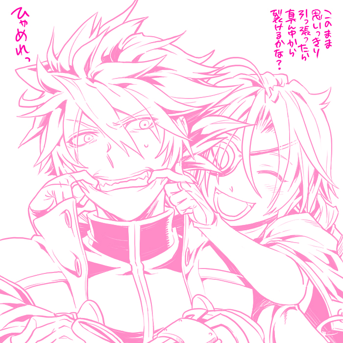 1boy, 1girl, ahoge, blazblue, bodysuit, cape, eyepatch, haruyoshi