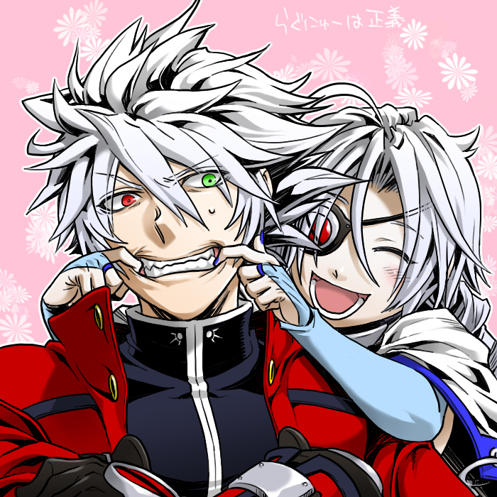 1boy, 1girl, ahoge, blazblue, bodysuit, cape, eyepatch, haruyoshi, heterochromia, nu-13, ragna_the_bloodedge, silver_hair, smile