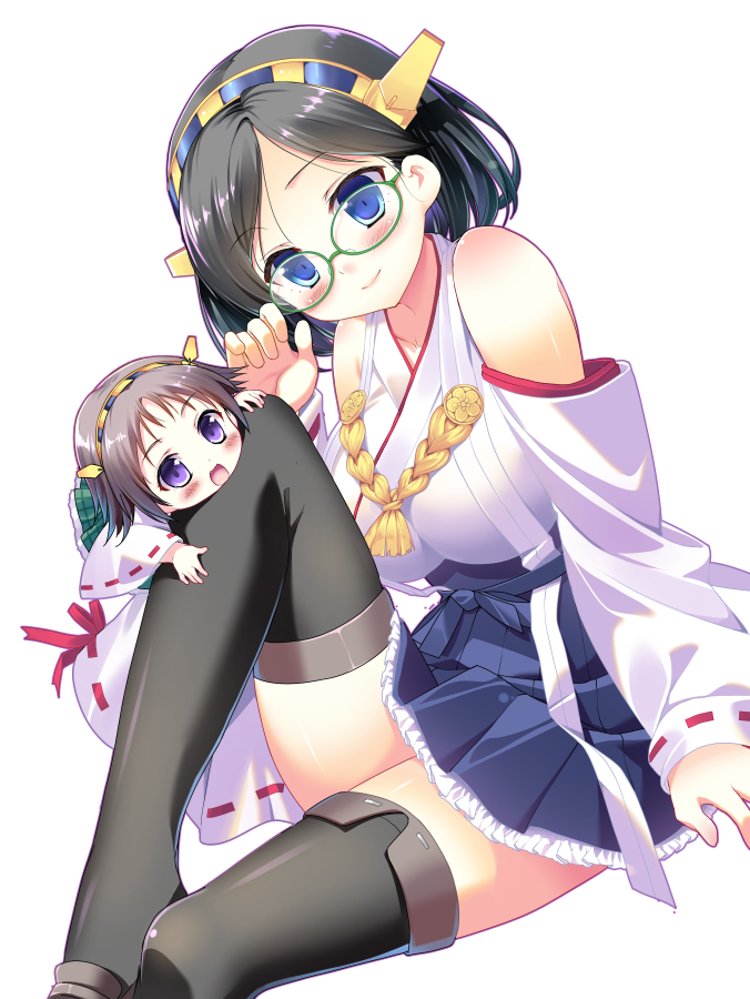 2girls, black_hair, blue_eyes, breasts, brown_hair, chibi, detached_sleeves, glasses