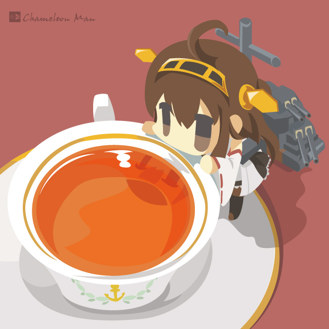 1girl, brown_eyes, brown_hair, chameleon_man_(three), chibi, cup, hairband, kantai_collection, kongou_(kantai_collection), long_hair, tea, teacup