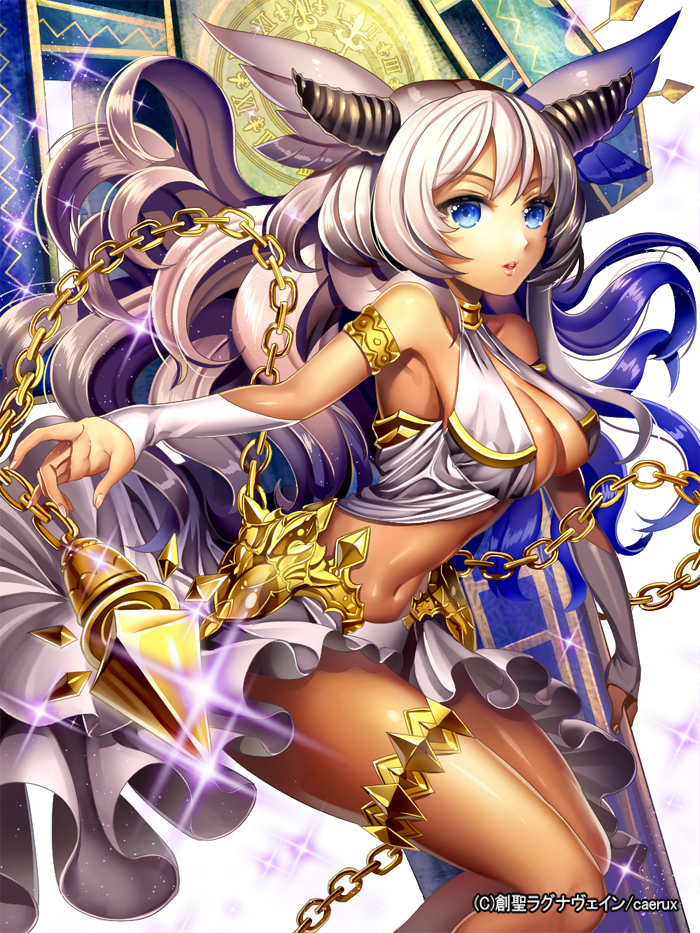 1girl, blue_eyes, blue_hair, breasts, chain, cleavage, detached_sleeves, ells