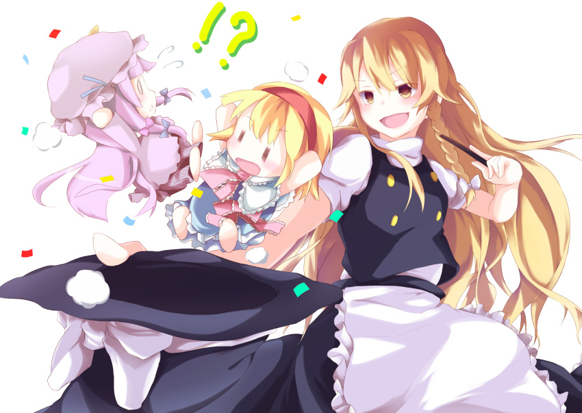 !?, 0_0, 3girls, alice_margatroid, blonde_hair, braid, chibi, confetti