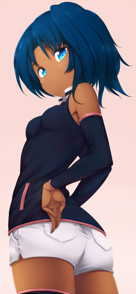 1girl, ass, blue_eyes, blue_hair, dark_skin, detached_sleeves, from_below, gundam, looking_back, rachel_ransom, sd_gundam_g-generation, shorts, side_ponytail, solo, standing, thighhighs, zettai_ryouiki, zizi_(zz22)