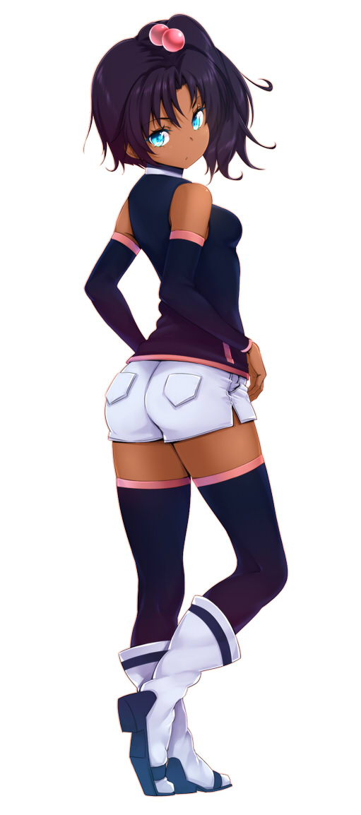1girl, ass, black_hair, blue_eyes, boots, dark_skin, detached_sleeves, gundam, hair_bobbles, hair_ornament, looking_back, rachel_ransom, sd_gundam_g-generation, shorts, side_ponytail, solo, thighhighs, zettai_ryouiki, zizi_(zz22)