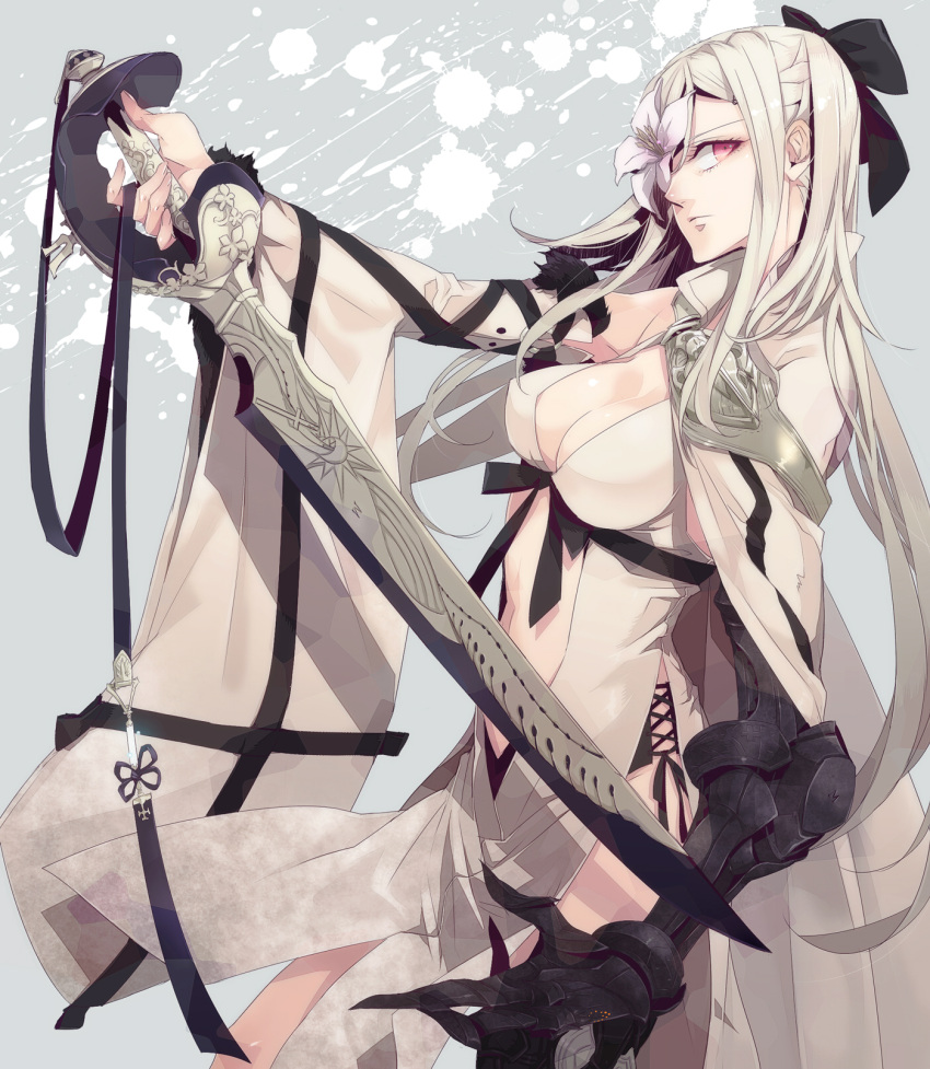 1girl, bare_shoulders, bow, breasts, cleavage, drag-on_dragoon_3, hair_bow, highres