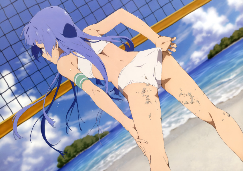 1girl, adjusting_swimsuit, armband, ass, back, beach, beach_volleyball, bikini