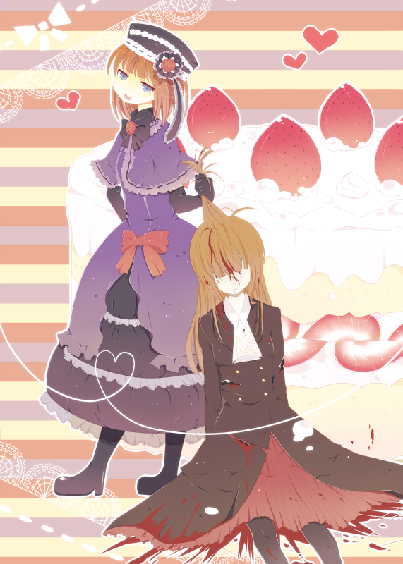 beret, blood, bow, brown_hair, cake, dress, eva_beatrice, flower