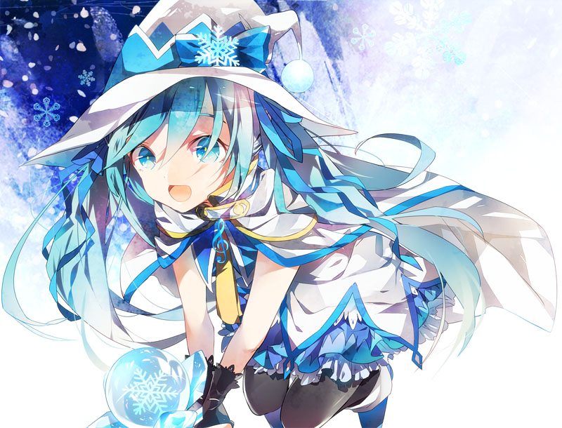 1girl, aqua_eyes, aqua_hair, cape, gloves, hat, hatsune_miku, kama_ri