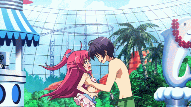 1boy, 1girl, amakusa_kanade, animated, animated_gif, barefoot, bikini, black_hair