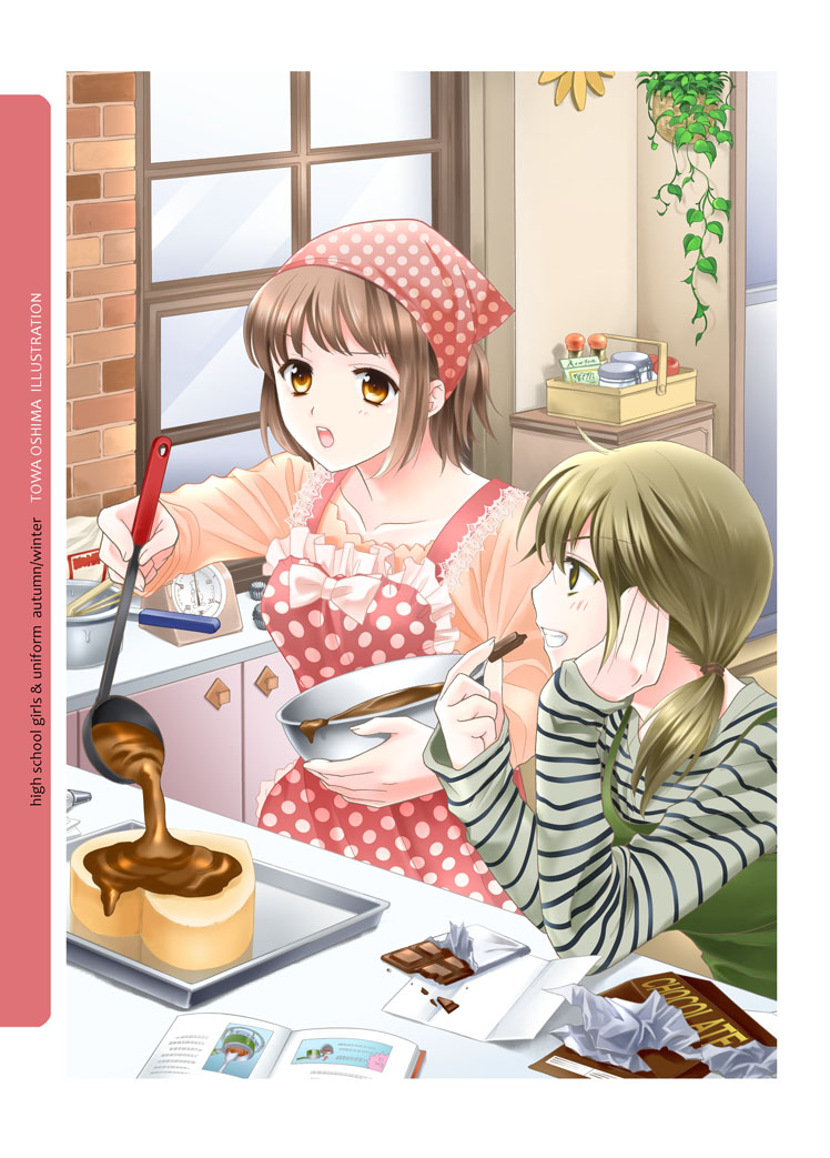 2girls, apron, blonde_hair, blush, bowl, brown_eyes, brown_hair, cake