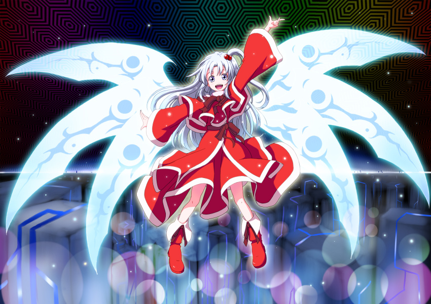 <o>_<o>, 1girl, arm_up, boots, capelet, grey_eyes, hair_bobbles, hair_ornament, highres, honeycomb_background, layered_dress, light_particles, long_hair, long_sleeves, looking_at_viewer, open_mouth, outstretched_arms, ribbon, sachishiro_pengin, shinki, side_ponytail, silver_hair, solo, touhou, touhou_(pc-98), wings