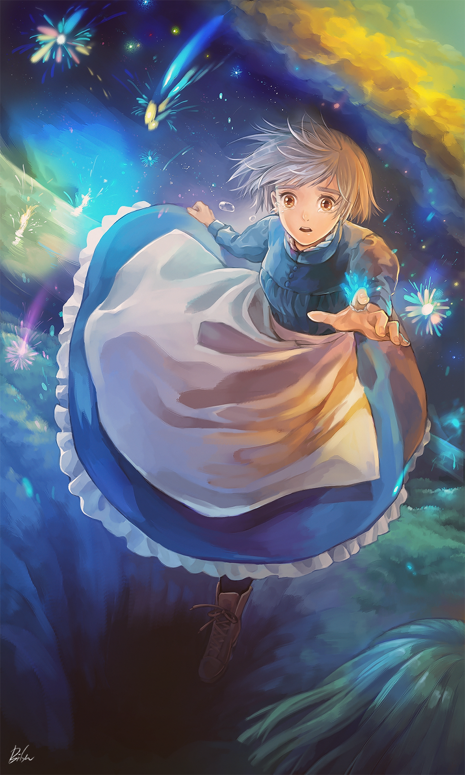 1girl, apron, artist_name, brown_eyes, dress, grey_hair, highres, howl_no_ugoku_shiro