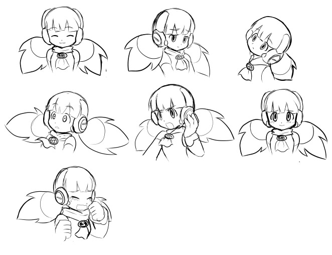 1girl, call_(komaki_shinsuke), call_(mighty_no._9), expressions, head_tilt, mighty_no._9, monochrome, pontata