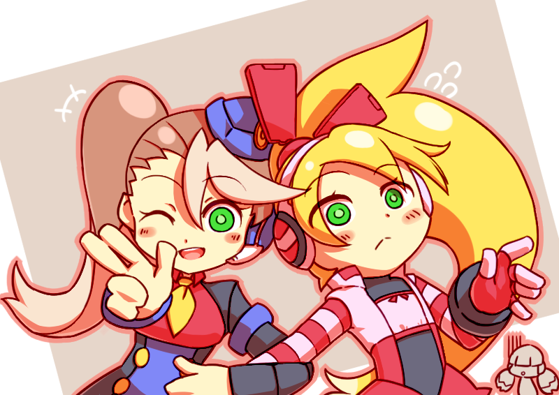 3girls, blonde_hair, blush_stickers, call_(ishikawa_hideki), call_(komaki_shinsuke), call_(mighty_no._9), call_(natsume_yuuji), chibi_inset