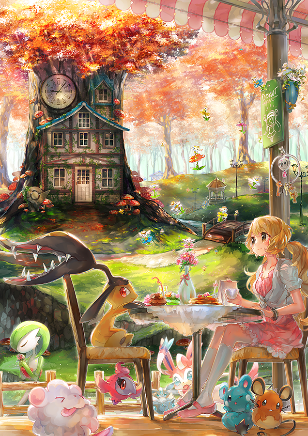 1girl, alternate_costume, autumn_leaves, azurill, blonde_hair, bracelet, bridge, carbink