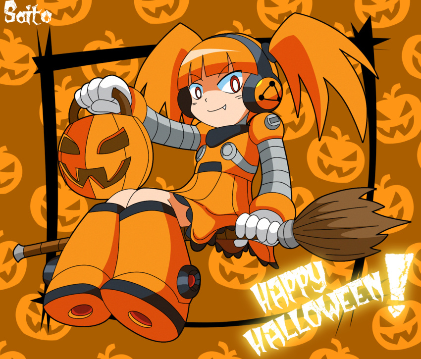1girl, alternate_color, broom, broom_riding, call_(inafune_keiji), call_(mighty_no._9), fang, halloween