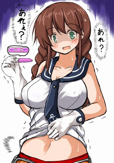 1girl, braid, breasts, brown_hair, gloves, green_eyes, kantai_collection, long_hair
