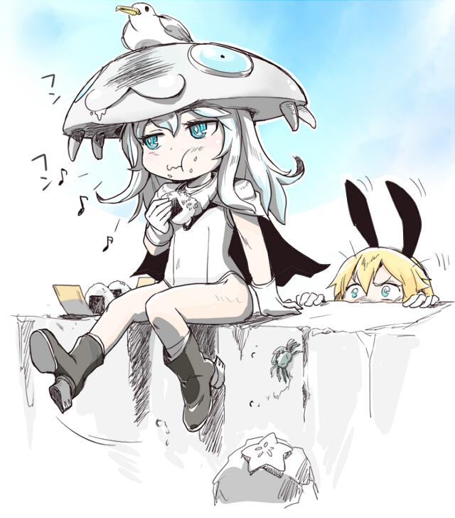 2girls, blonde_hair, blue_eyes, bodysuit, crab, eating, food, gloves