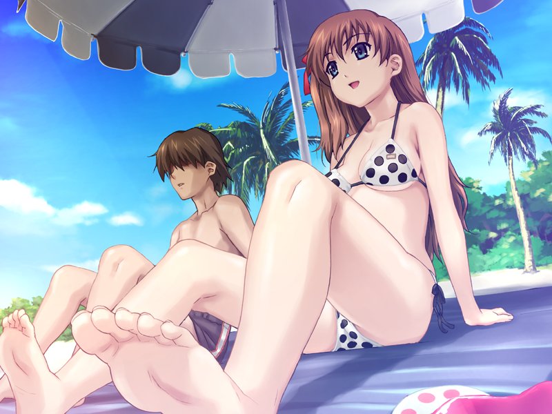 1boy, 1girl, amamiya_momona, barefoot, beach, beach_umbrella, bikini, blue_eyes