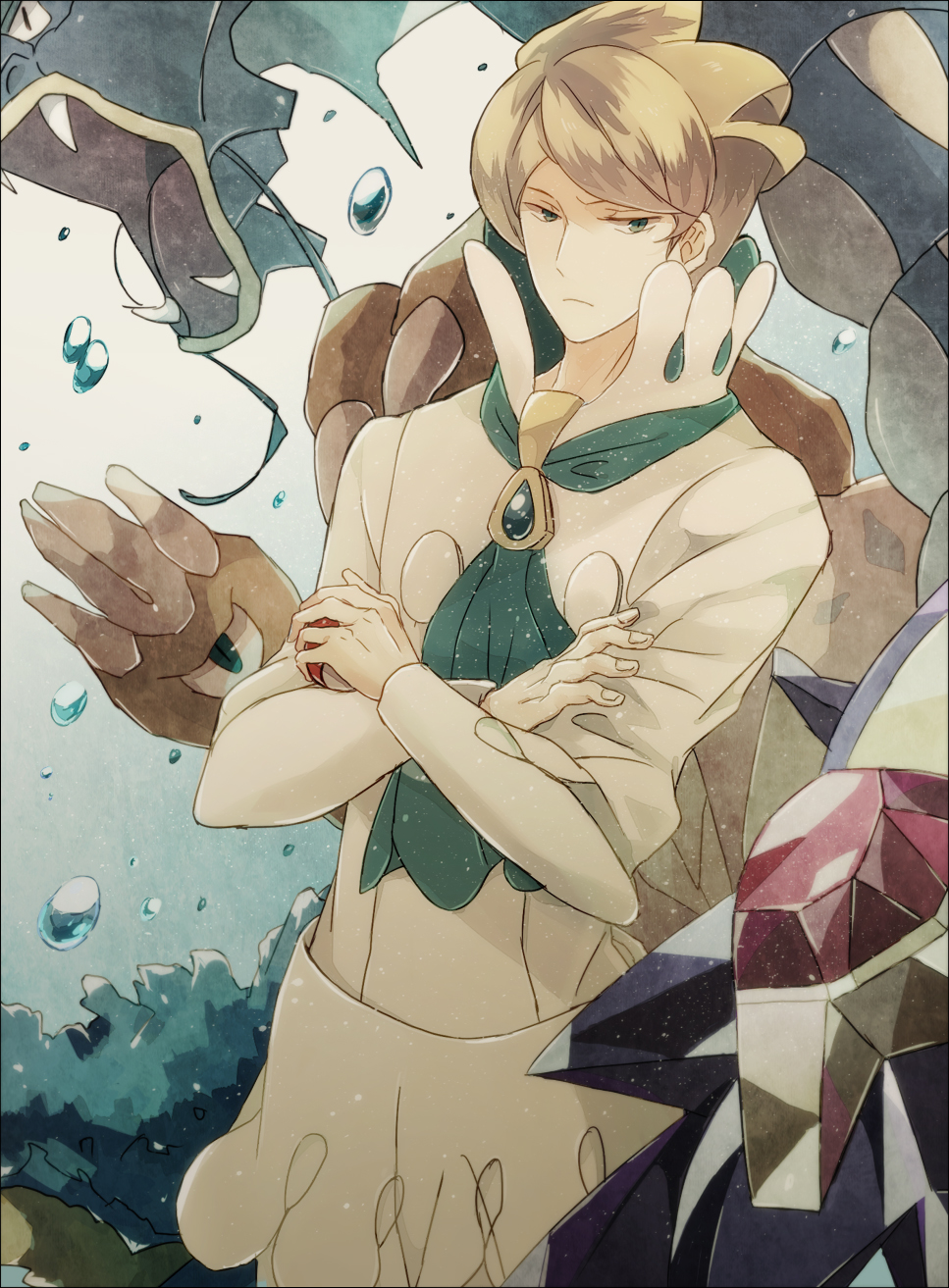 1boy, barbaracle, blonde_hair, chef_uniform, elite_four, gyarados, highres, holding