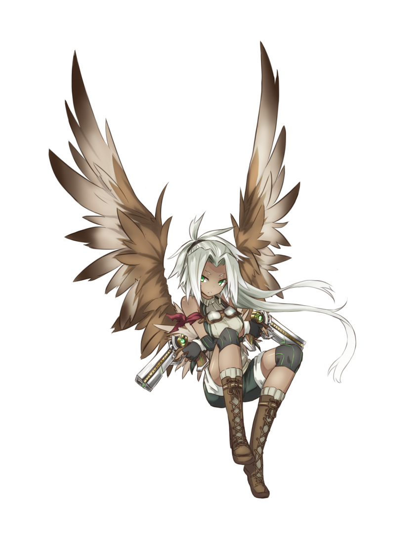 1girl, breast_hold, breasts, brown_wings, crossed_arms, dual_wielding, green_eyes, gun