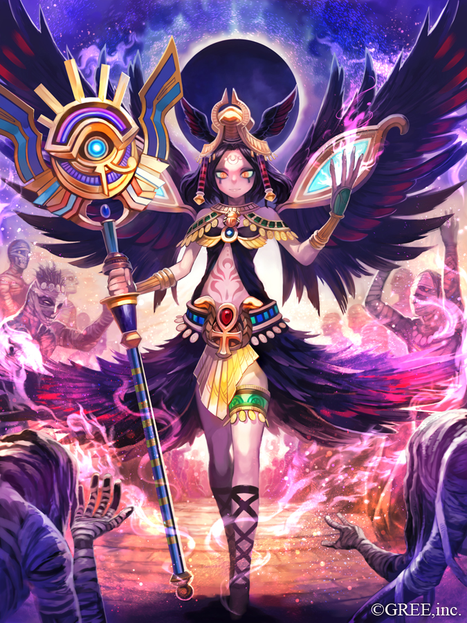 1girl, black_hair, egyptian_mythology, goddess, lack, mummy, nephthys, orange_eyes, seisen_cerberus, staff, wings