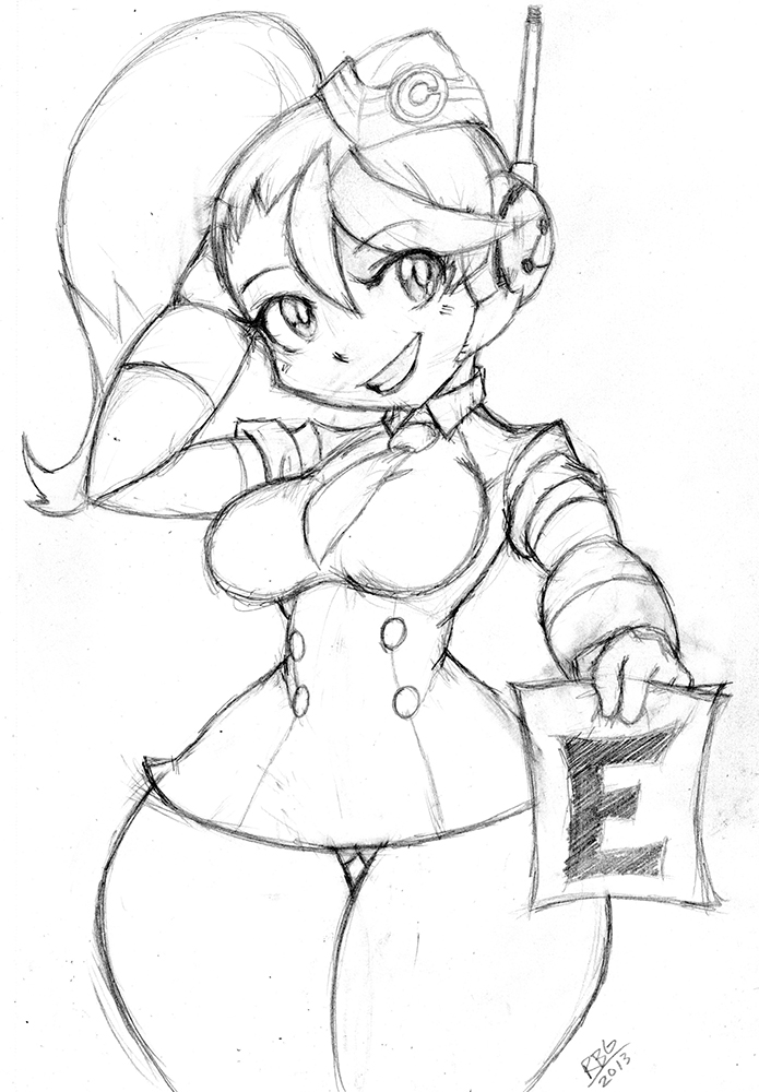 breasts, call_(ishikawa_hideki), call_(mighty_no._9), fringe, garrison_cap, grin, hat, headset, mighty_no._9, monochrome, necktie, paper, randomboobguy, side_ponytail, sketch, slender_waist, smile, solo, thick_thighs, thigh_gap, thighs, wide_hips