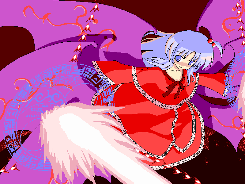 artist_request, beam, blue_eyes, breasts, cleavage, danmaku, magic_circle, multiple_wings