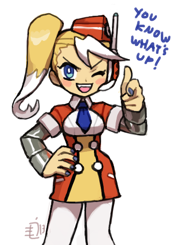 1girl, black_nails, blonde_hair, blue_eyes, blush_stickers, call_(ishikawa_hideki), call_(mighty_no._9), commentary