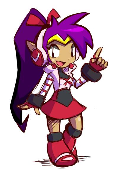 1girl, call_(mighty_no._9), call_(natsume_yuuji), call_f_(cosplay), fingerless_gloves, gloves, hair_ribbon, headphones, long_hair, mighty_no._9, pointy_ears, purple_hair, ribbon, shantae, shantae_(character), solo, striped_sleeves, swammi, tiara