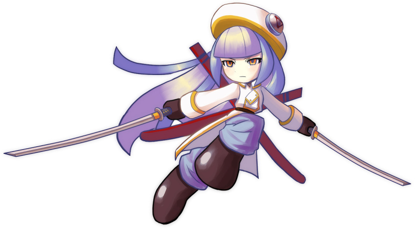 1girl, alternate_costume, bangs, blue_hair, boots, call_(mighty_no._9), call_i, dual_wielding