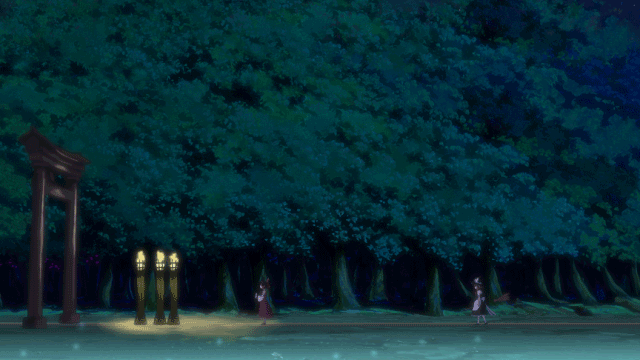 animated, animated_gif, forest, gif, hakurei_reimu, kirisame_marisa, nature, night