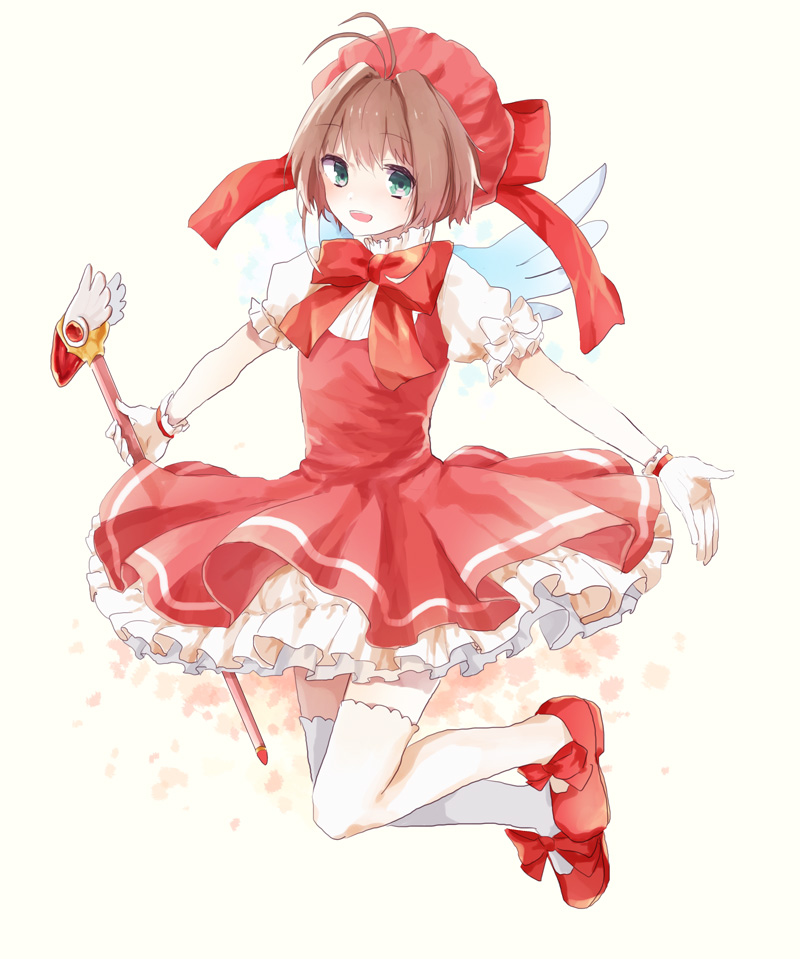 1girl, brown_hair, cardcaptor_sakura, dress, fuuin_no_tsue, gloves, green_eyes, hat