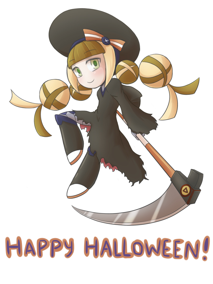 beret, blonde_hair, braid, brown_hair, call_(mighty_no._9), call_i, green_eyes, happy_halloween