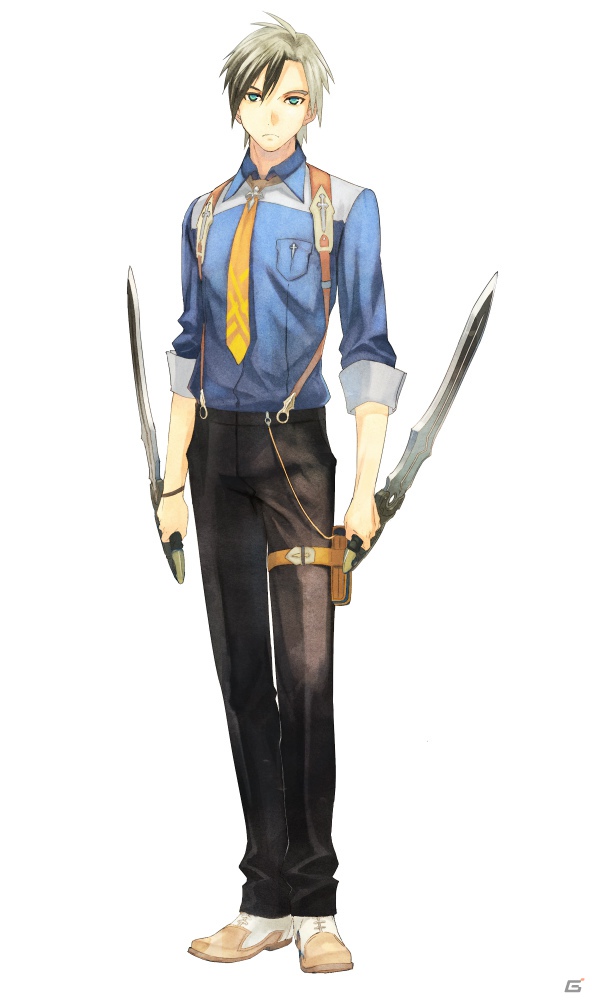1boy, aqua_eyes, black_hair, frown, grey_hair, ludger_will_kresnik, multicolored_hair, namco